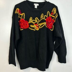 Vintage Eminent Lambsool/Angora Black and Red Embroidered Rose Sweater Size 1X